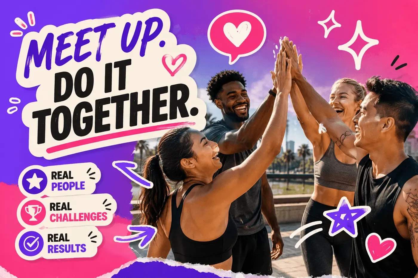 Friends high-fiving after a challenge — Meet up, do it together